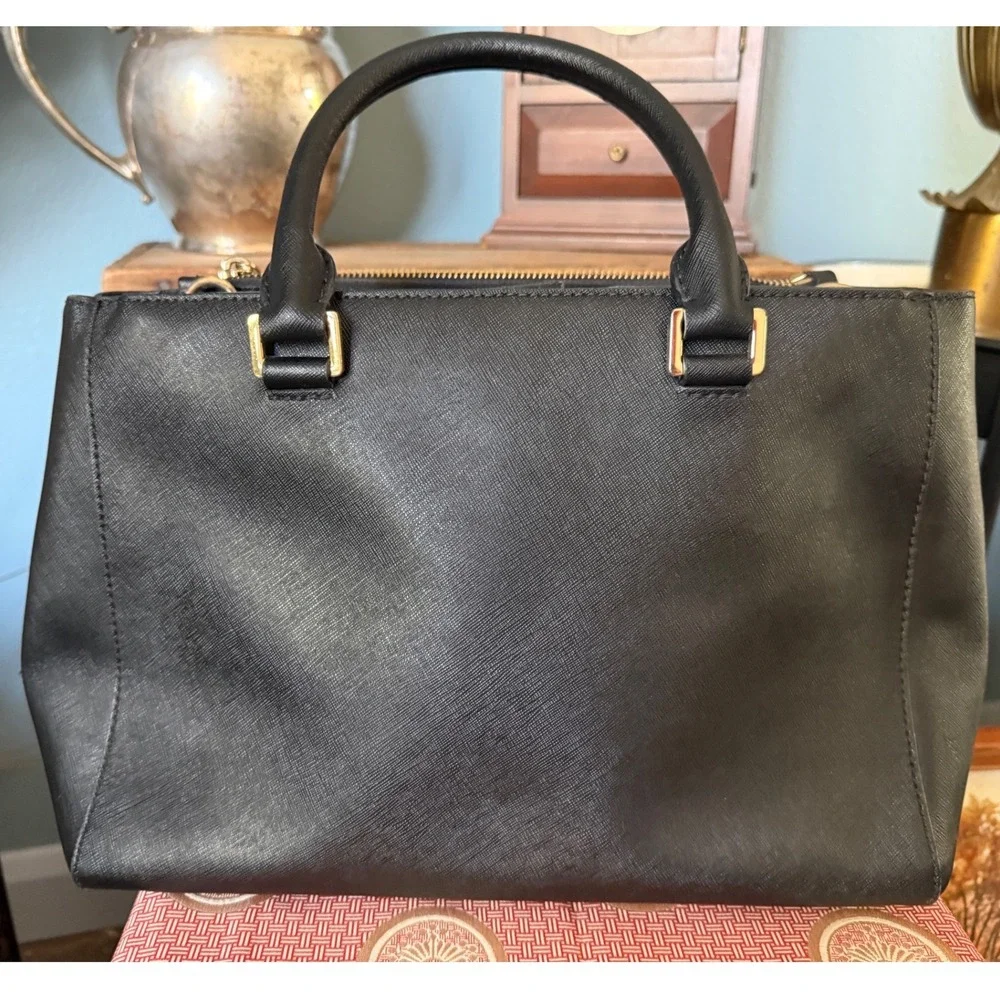 Michael Kors Black Saffiano Leather Satchel Handbag Gold Hardware MK Charm